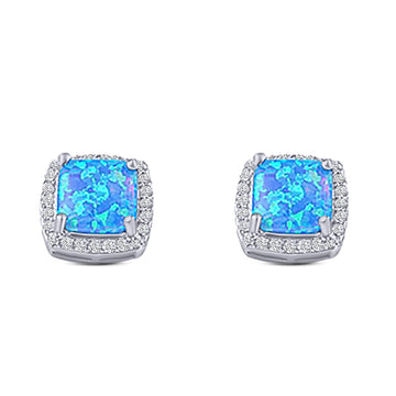 Halo Art Deco Cushion Cut Stud Earring Lab Created Blue Opal Solid 925 Sterling Silver (11mm)